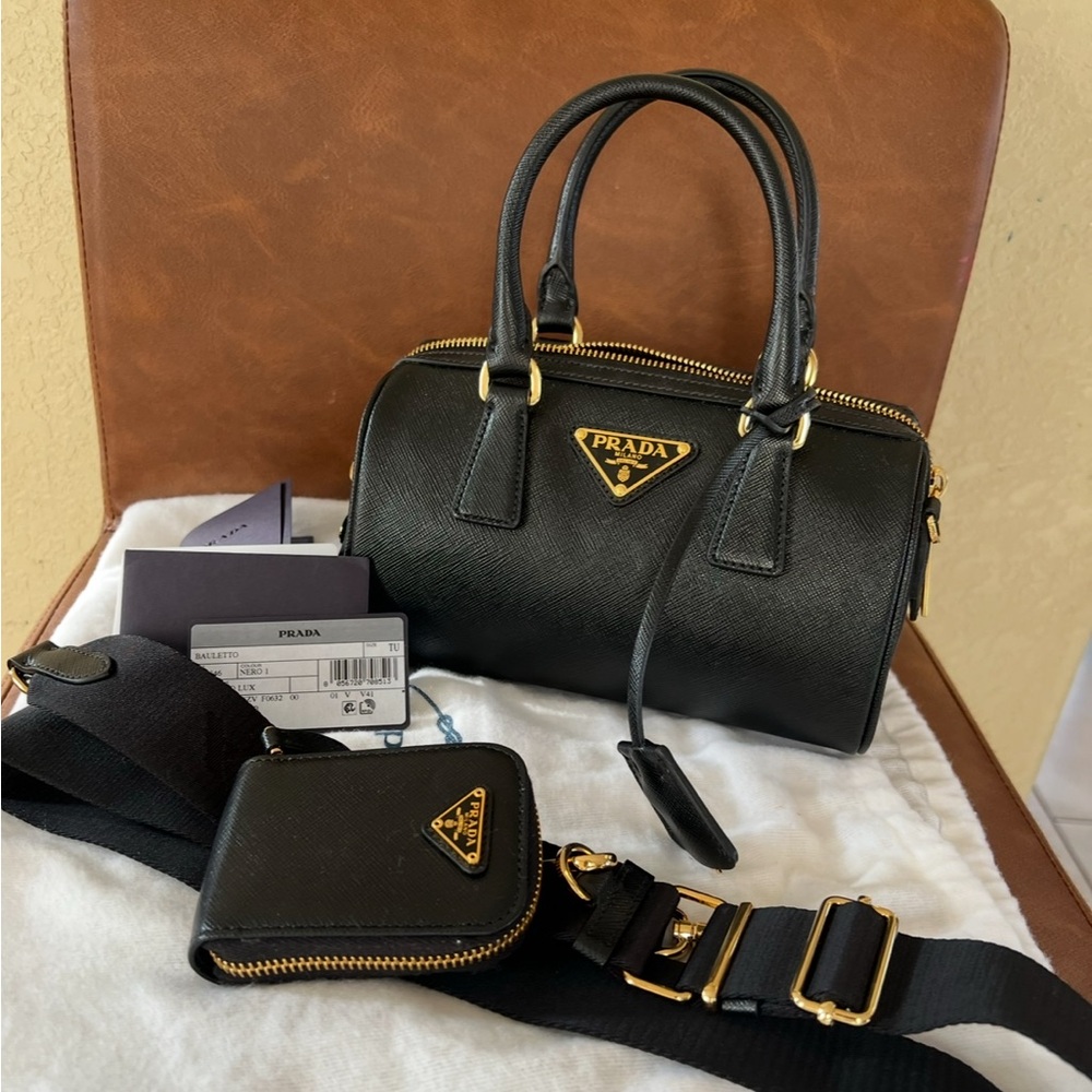Prada Black Leather Satchel with Gold Hardware BRAND NEW,my iPhone pmx fits